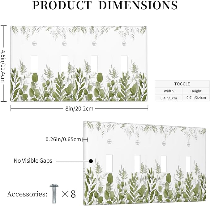 Green Eucalyptus Plant Leaves Vine Light Switch Covers Quad Toggle Electrical Faceplate 4 Gang Wall Plate Decorative Switch Plates for Bed Room Living Room Decor