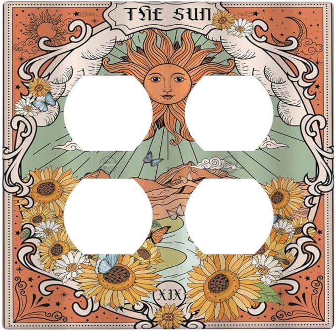 Boho Retro Sun Sunflower Vintage Flower Butterfly Outlet Covers 2 Gang Double Duplex Decorative Light Switch Covers Electrical Wallplates Socket Faceplate for Farmhouse Home Decor