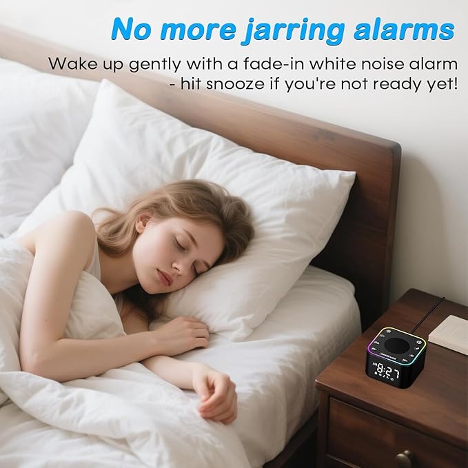 Sound Machine with Alarm Clock: 30 Non-Looping Sleep Sounds - White Noise Alarm Clock for Natural Wake Up - Adjustable Volume & Light, Memory Function, Sleep Timer (Black)