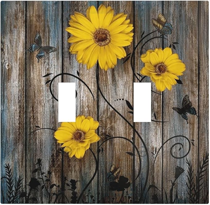 Rustic Barn Sunflower Wooden Daisy Flower Plank Decorative Switch Plates 2 Gang Double Toggle Outlet Light Switch Cover Wall Plate Electrical Faceplate for Farmhouse Home Decor