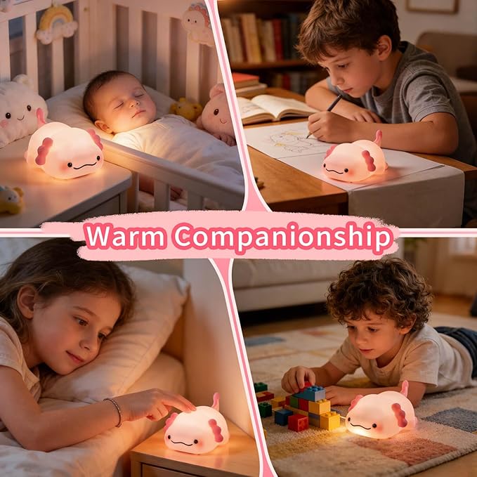 Axolotl Night Light for Kids, Squishy Silicone 3-Level Dimmable Touch Control Cute Nightlight with Timer, Portable USB Rechargeable Nursery Pink Night Lamp Gifts for Baby, Toddler Room Decor
