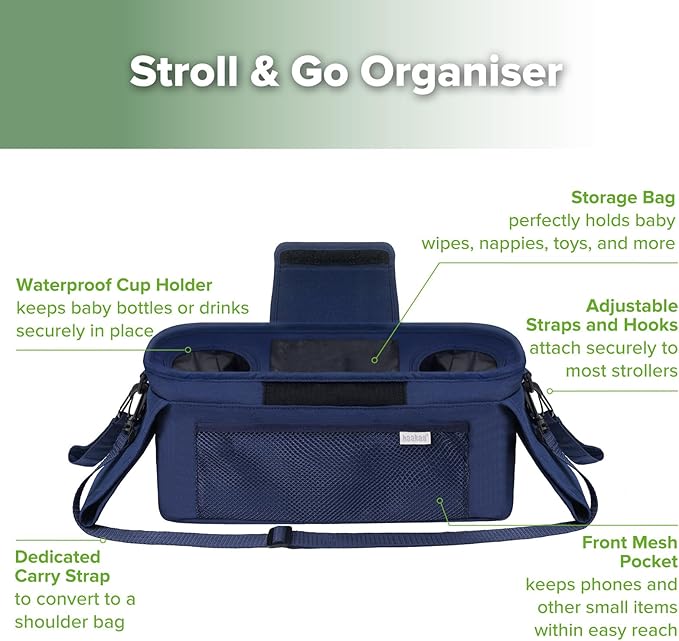 haakaa Stroll & Go Organiser - 2 Cup Holders - Bluestone, Ultimate Stroller Organizer Universal Fit with Adjustable Non-Slip Straps & Hooks, Stroller Caddy Accessories with Shoulder Strap