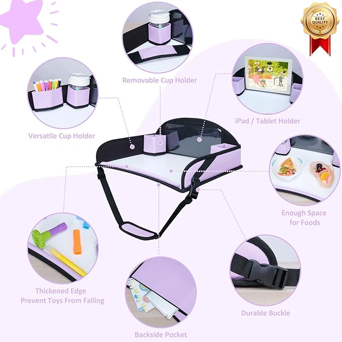 Kids Travel Tray for Toddler Carseat, Road Trip Activities Essentials for Toddler, Kids Lap Desk Tray with Tablet Holder Stand ＆ Dry Erase Board (Purple)