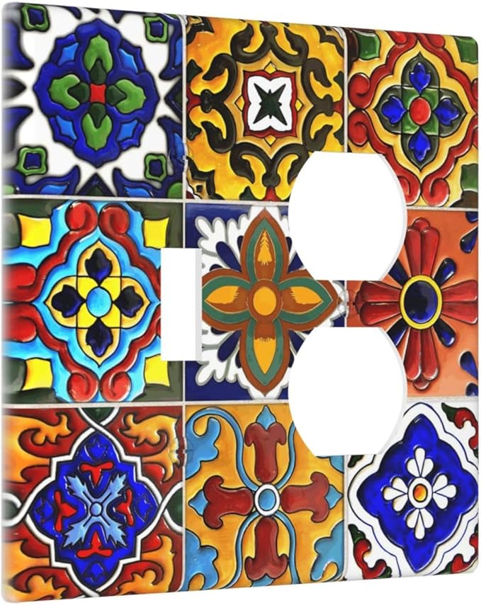 Vintage Colorful Boho Mexican Moroccan Tile Wallplates 1 Toggle 1 Duplex Switch Plate Electrical GFCI Faceplate Decorative Light Switch Covers for Farmhouse Home Decor