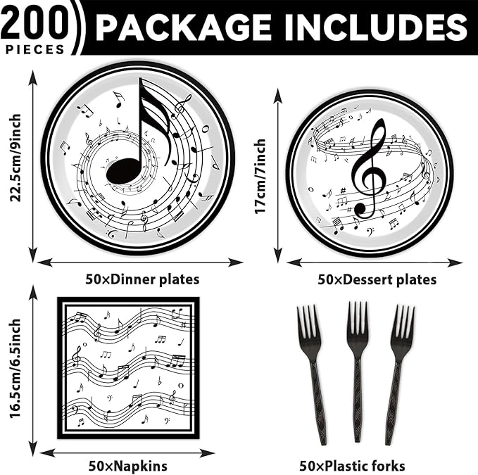 200Pcs Musical Note Plates Napkins Music Notes Themed Party Tableware Set Baby Shower Dinnerware Disposable Music Dessert Plates for Concert Birthday Party Baby Shower Decor Supplies Serve 50