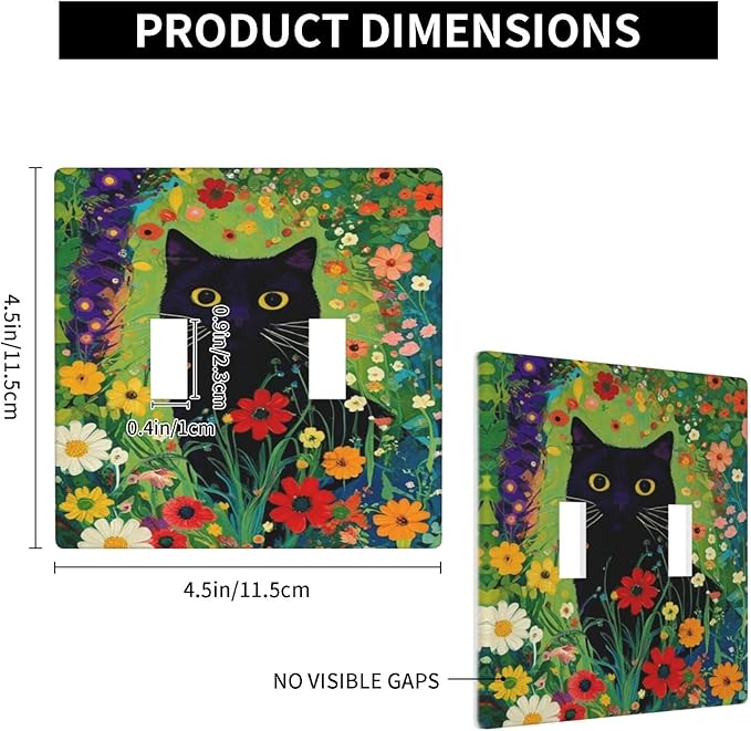 Decorative Art Light Switch Covers Cute Cat & Floral 2 Gang Double Toggle Wall Plate Decorative Switchcover Electrical Switchplate for Home Decor