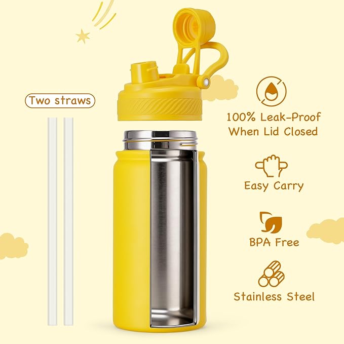 Fijinhom 12 oz Kids Water Bottle, 2-in-1 Stainless Steel Vacuum Insulated Water Bottle for Toddler, Leak Proof Spout & Straw, Double Wall Thermal Flask for Boys&Girls, School, Outdoor, Travel (Yellow)