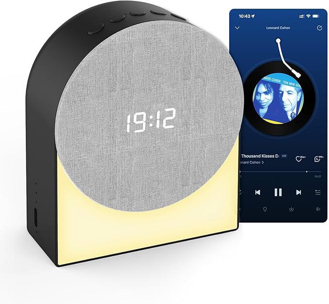 White Noise Machine Alarm Clock with Night Light, 4in1 Bluetooth Speaker & Natural Sounds – Portable Sleep Aid for Adults, Kids & Baby – Rechargeable, Timer, Dimmable Warm Light