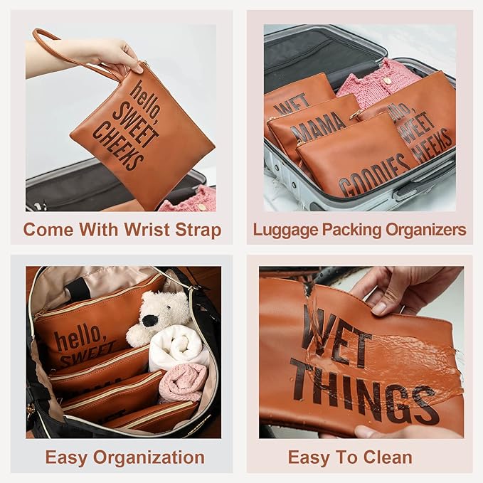 MOMINSIDE Baby Diaper Bag Organizer, Water Resistant Wet Bags Set of 4 Leather Diaper Clutch,Diaper Bag Organizing Pouches Packing Cubes, Cloth Diaper Wet Dry Bags for Daily Use Travel Vacations
