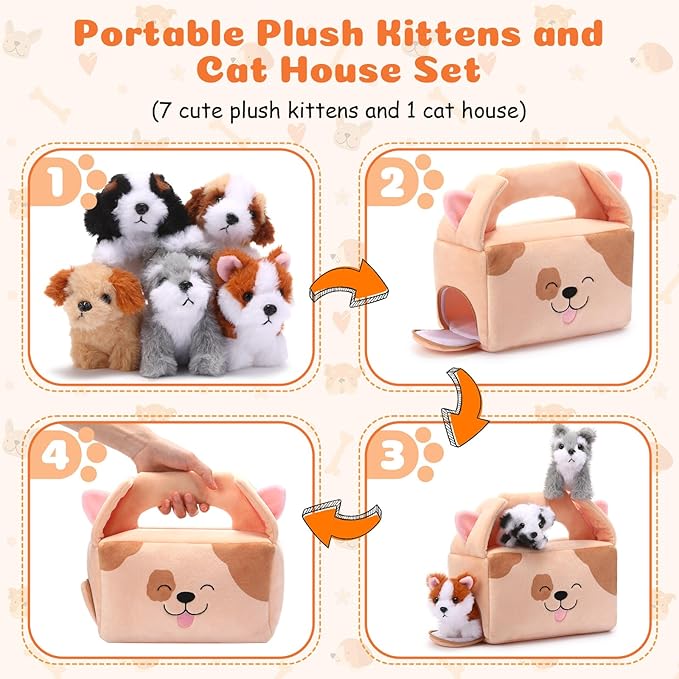 Blueweenly 8 Pcs Small Dog Stuffed Animal Set Plush House with 7 Fluffy Puppy Stuffed Animals Dog Toys for Kids Birthday Gifts Pet Party Favors Classroom Rewards