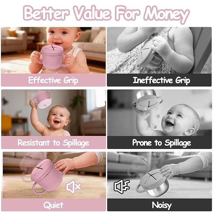 Toddler Snack Containers Stainless Steel Spill-Proof Snack Containers for Toddlers with Spill-Proof Silicone Lids and Handles 4-in-1 Baby Snack Cup is Dishwasher Safe for Easy use On The Go（Pink）