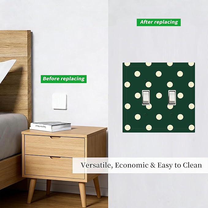 Hunter Green Polka Dot Double Toggle Switch Cover - 2-Gang Standard US Size Retro Preppy Light Switch Covers, Vintage Emerald Dot for All Room Home Decor