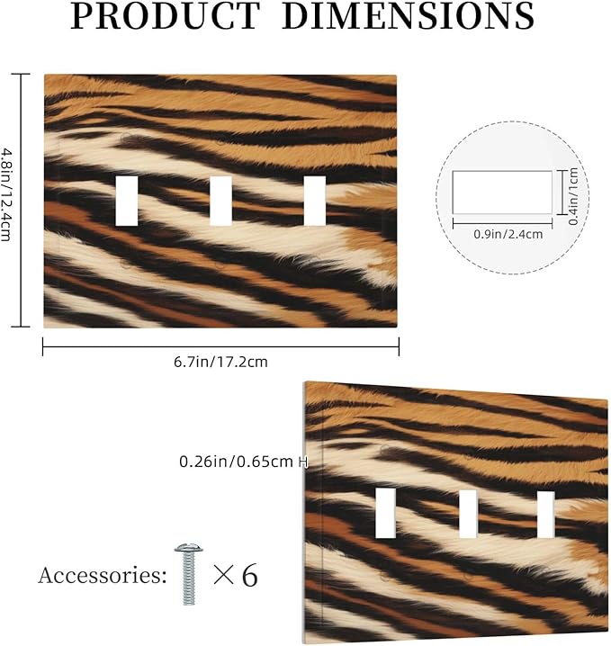 Tiger Texture Wild Animal Skin Pattern Print Decorative Switch Plates 3 Gang Wall Plate Triple Toggle Light Switch Cover Faceplate Electrical Wall Panels for Kids Room Office Decor