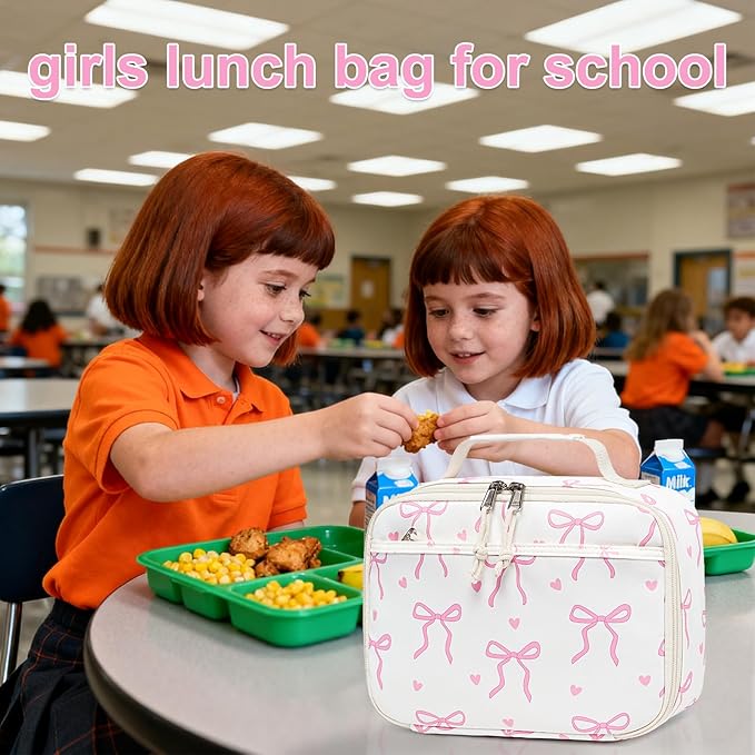 LOIDOU Insulated Lunch Bag for Kids Girls, Cute Bow Insulated Lunch Box Bag for Toddler, Womens Small Lunch Tote, Lunch Box Containers for School Work Picnic, Pink