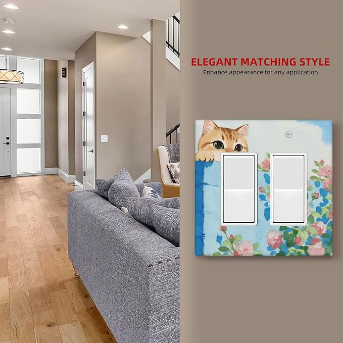 Cat Flower Double Rocker Wall Plate Decorative 2 Gang Light Switch Covers Electrical Switchplate Home Decorate Faceplat for Bathroom Bedroom Kitchen Room 4.5 x 4.5 Inch