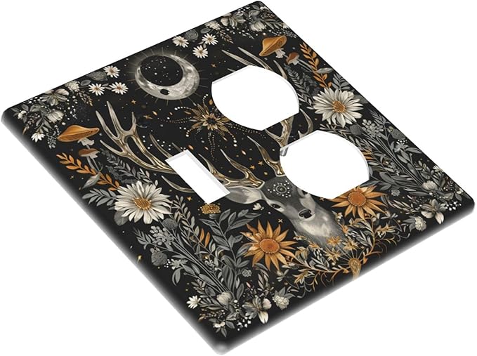 Light Switch Cover Plate Vintage Deer Flowers Moon Natural Plants Floral 2 Gang Decorative Switch Plates 1 Toggle Duplex Combo Outlet Covers GFCI Wall Plates for Bathroom Bedroom Decor