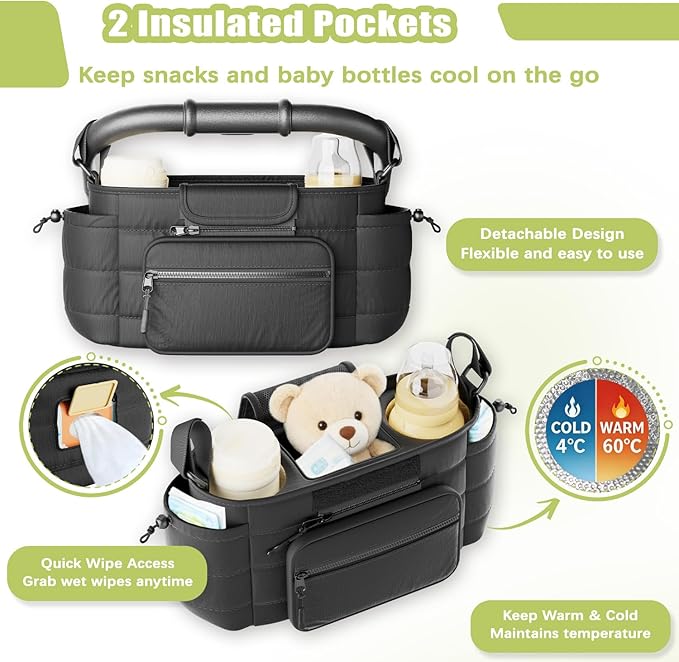 Stroller Organizer Caddy with Insulated Cup Holder & Detachable Phone Purse, Lightweight Universal Stroller Caddy for Busy Moms - Black