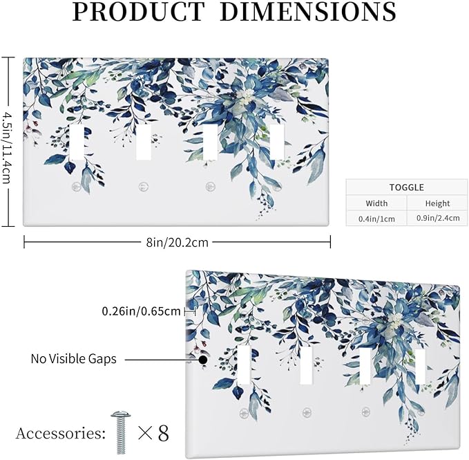 Blue Eucalyptus Watercolor Leaves Quad Toggle Light Switch Cover Decorative Green Plant 4 Gang Wall Plate Electrical Faceplate Switchplate for Kidroom Bathroom Bedroom Living Room Decor