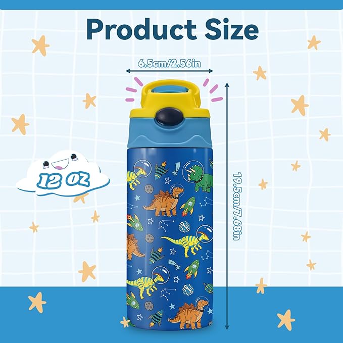 12oz Dinosaur Astronaut Kids Water Bottle, Space Dino Water Bottle for School, Kids Insulated Bottles with Straw & Handle, Leak-Proof, BPA-free, Straw Lid, Stainless Steel for Travel Gift Cup for Boy