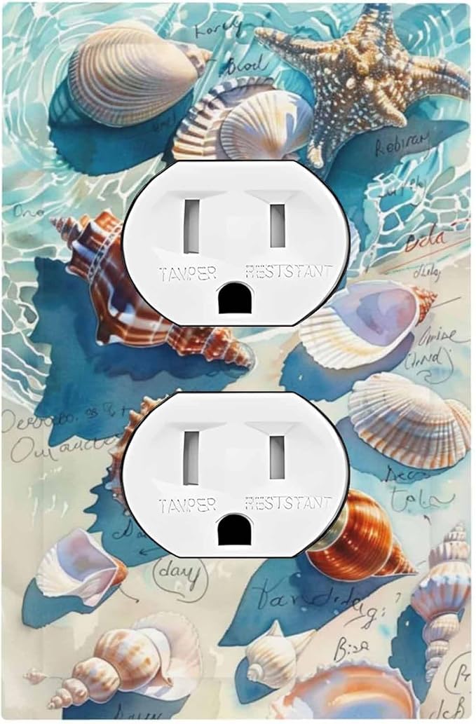 Outlet Covers Ocean Waves Starfish Conch Scallop Shell 1 Gang Duplex Light Switch Cover Decorative Switch Plates Electrical Receptacle Faceplate Wall Plate For Kids Room Nursery Decor