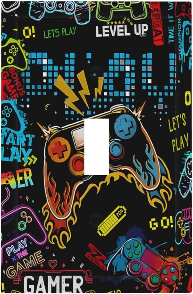 Gamer Video Game Themed Cool Controller Print Decorative Light Switch Cover 1 Gang Single Toggle Device Electrical Faceplate Switchplates Decorator Outlet Wall Plate for Kids Room Office Decor