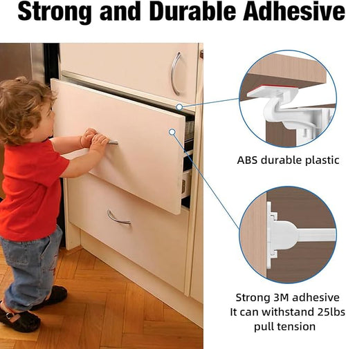 10 Pack Upgraded Invisible Baby Proofing Cabinet Latch Locks – No Drilling or Tools Required, Strong Adhesive, Works with Countertop Overhangs, Secure Child Safety Locks for Cabinets & Drawers
