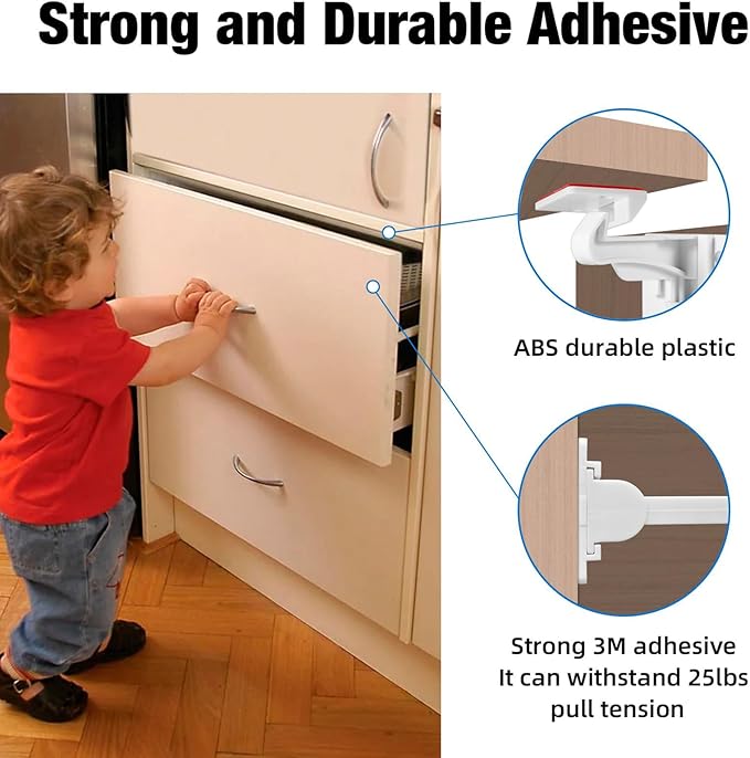 15 Pack Upgraded Invisible Baby Proofing Cabinet Latch Locks – No Drilling or Tools Required, Strong Adhesive, Works with Countertop Overhangs, Secure Child Safety Locks for Cabinets & Drawers
