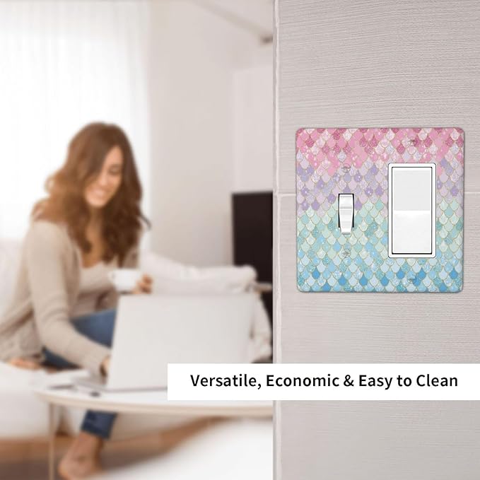 Colorful Mermaid Scales 2 Gang Single Toggle Rocker Combination Light Switch Cover Decorative Wall Plate Cover Electrical Faceplate for Bathroom Girls Bedroom Kids Baby Nursery Living Room Decorate
