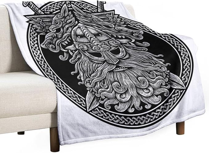 60 x 80 Inches Flannel Throw Blanket Viking Warrior Norse God Odin with Wolf and Swords Birthday Present for Men Women Winter Holiday Soft Blankets for Bedding Sofa