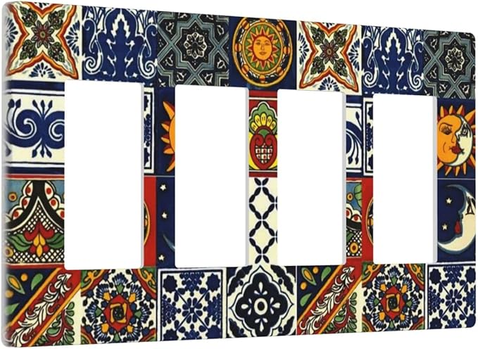 Boho Moroccan Mandala Mexican Tiles 4 Gang Quad Rocker Light Switch Cover Decorative Quadruple Device GFCI/Decorator Wall Plate Electric Faceplate Screwless