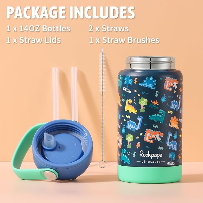 rockpapa 14 oz Kids Insulated Water Bottle，Stainless Steel Toddler Cups with Straws, BPA Free, Leak-Proof, Kids Water Bottle for School Boys& Girls (Blue Dinosaur)