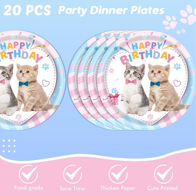 Ryzovo Cat Birthday Party Supplies,62pcs Cat Party Decorations&Tableware Set-Kitten Birthday Party Decorations Dinner Plates Dessert Plates Napkins Tablecloth etc Cat Themed Birthday Party Supplies