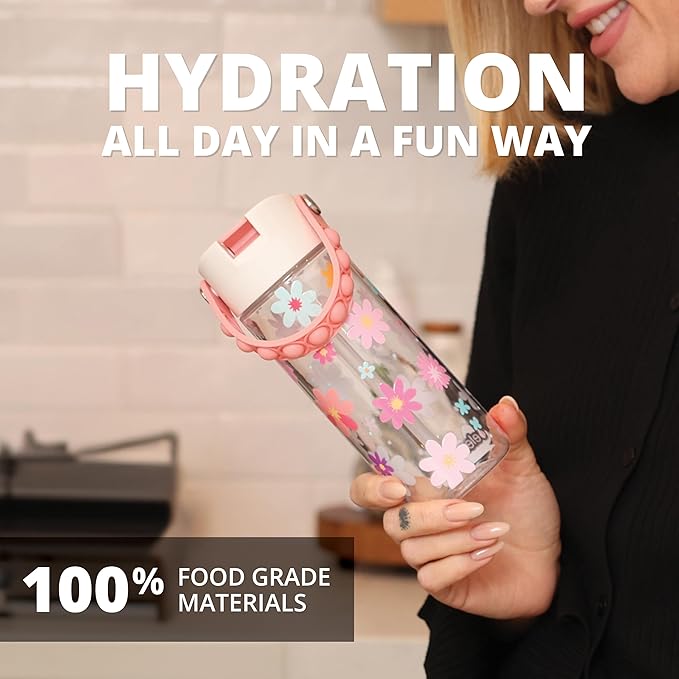 Elemental Water Bottles for Kids - Splash Kids Water Bottle for School with Pop-it Handle - BPA Free Tritan Plastic Water Bottle with Straw Leak Proof when Spout is Closed- Spring Blossom Clear-18oz
