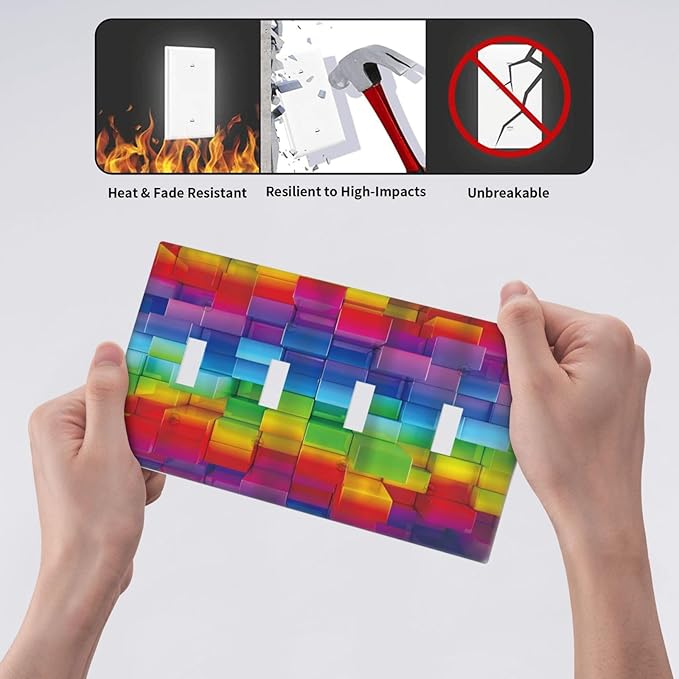 3D Colorful Rainbow Wall Abstract Squre Shaped Quad Toggle Light Switch Covers Decorative Unique 4 Gang Wall Plate Electrical Faceplate Switchplate for Kitchen Bedroom Bathroom Decor