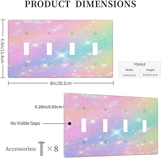 Decorative Light Switch Plate Covers Rainbow Shiny Gradient Colors 4 Gang Wall Plate Switch Cover Plate Quad Toggle Jumbo Electrical Faceplate for Kids Room Nursery Decor