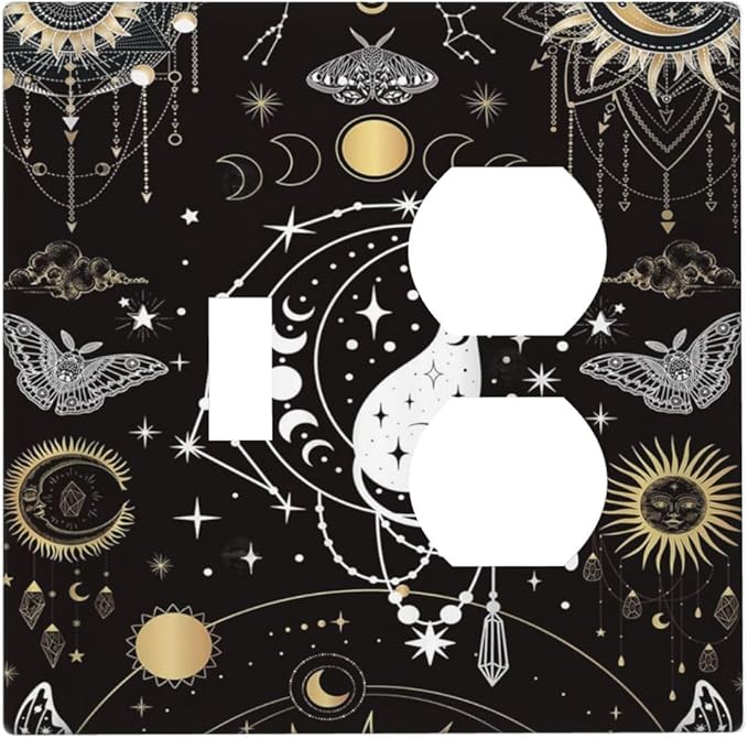 White Cat Tarot Moon Phases Moth Celestial Gothic Wallplates 1 Toggle 1 Duplex Switch Plate Electrical GFCI Faceplate Decorative Light Switch Covers for Kids Room Bedroom Decor