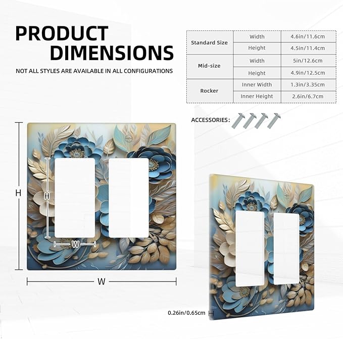 Decorative Art Light Switch Covers Blue and Creamy Floral 2 Gang Dual Rocker Outlet Switch plate Faceplate GFCI for Home Decor