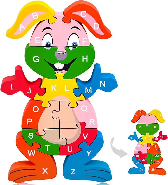 LovesTown Wooden Puzzles for Kids, Double Sided Rabbit Jigsaw with Alphabet & Numbers, Montessori Educational Toy for Toddlers, Chunky Animal Gift
