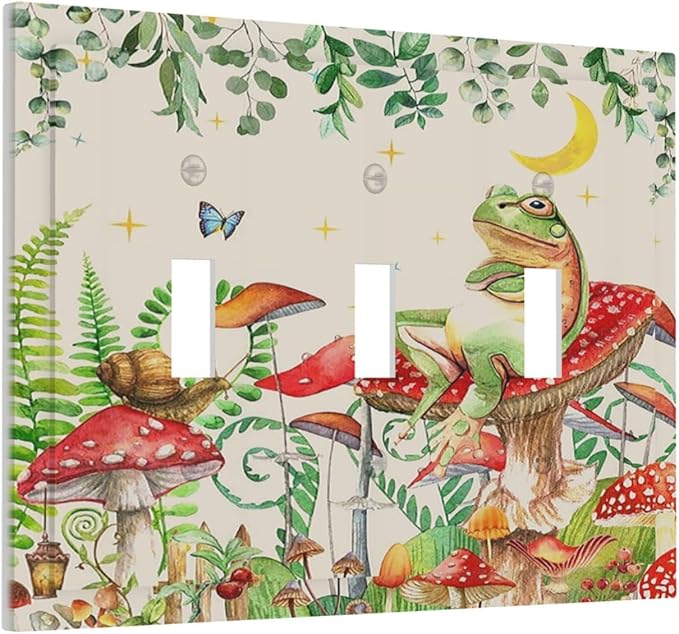 Decorative Switch Plates Boho Mushrooms Frogs Butterflies Flowers Moon Stars 3 Gang Wall Plate Faceplate Triple Toggle Light Switch Cover Electrical Wall Panels for Kids room Bedroom Decor
