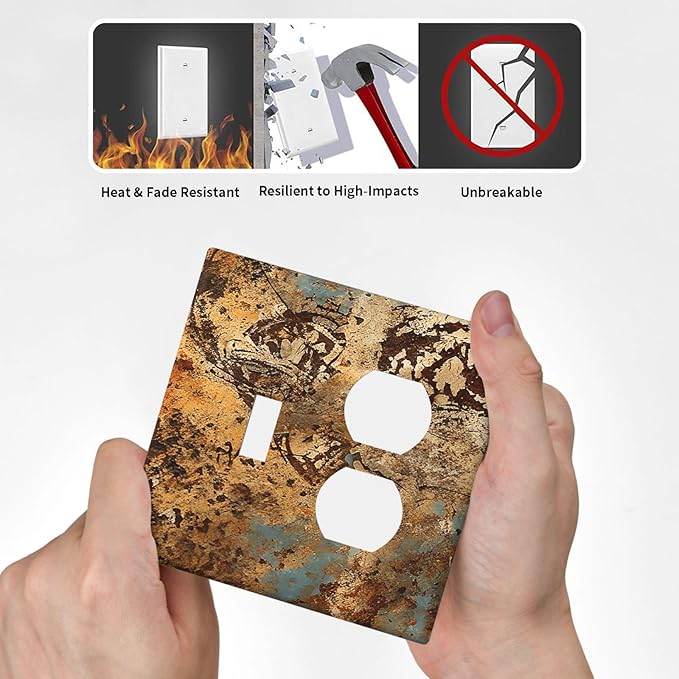 Light Switch Cover Plate Shabby Old Rusty Antique Brass Copper Print 2 Gang Outlet Covers 1 Toggle 1 Duplex Socket Cover Wallplates Electrical Switch Plate Covers for Kitchen Home Decor