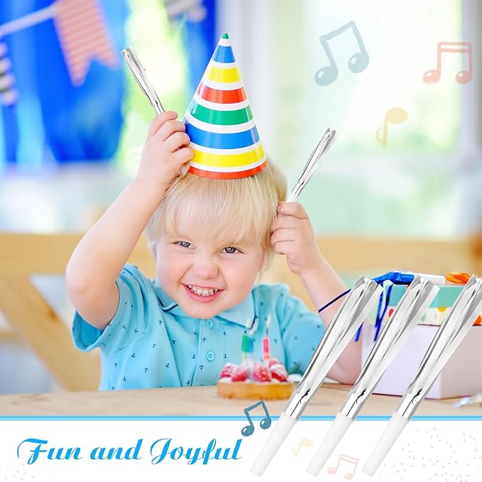48 Pcs Party Blowers, New Years Eve Noise Makers, Silver Noise Makers Horns for Baby Shower, Kids Birthday, New Year Party Favor - Silver