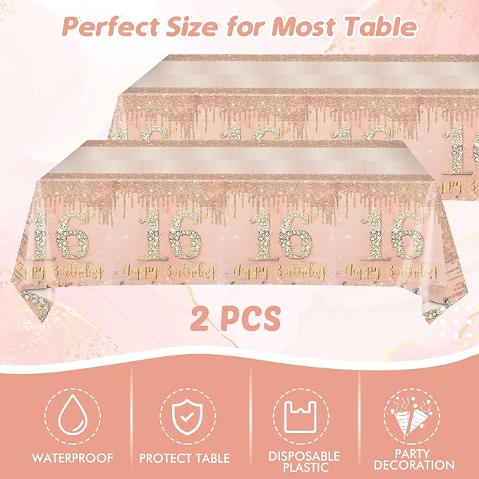 16th Birthday Party Decorations for Girls, Rose Gold Birthday Supplies Include 20Pcs Dinner Plates, 20Pcs Dessert Plates, 20Pieces Napkins and 2 Tablecloth, Sweet Sixteen Birthday Party Tableware