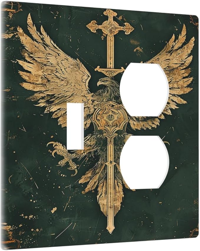 Medieval Retro Golden Eagle Totem Wallplates 1 Toggle 1 Duplex Electrical Gfci Faceplate Decorative Light Switch Covers Switch Plate for Bedroom Living Room Decor