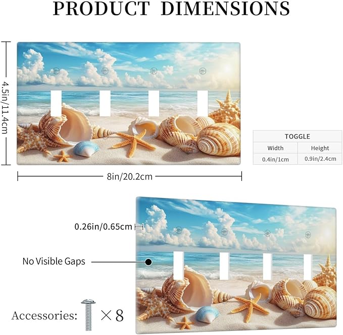 Beach Coastal Seashore Sea Starfish Shell Sand Light Switch Covers Quad Toggle Electrical Faceplate 4 Gang Wall Plate Decorative Switch Plates for Bathroom Home Decor