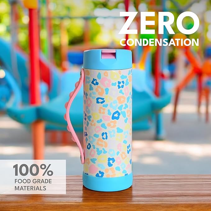 Elemental Iconic Kids Water Bottle for School - 100% Leak-Proof Insulated Water Bottles with Straw Lid & Pop-It Handle for Boys & Girls - Triple-Wall Insulated & BPA-Free, 14oz – Pastel Leopard