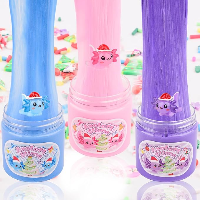 3 Pack Christmas Butter Slime Kit, Scented Axolotl Slime with Pink, Blue, Purple Axolotl Charms, Soft, Non-Sticky, Goodies Bag Toy for Christmas Party Favors