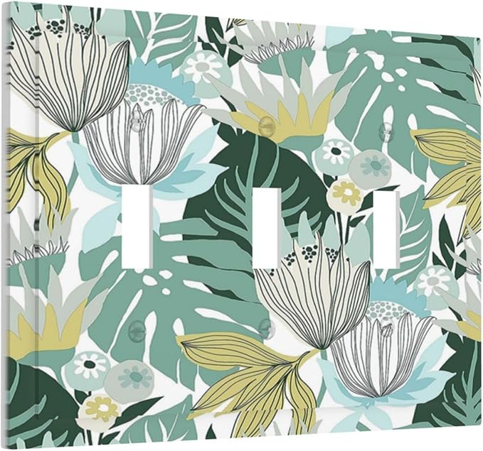 Retro Tropical Leaves 3 Gang Light Switch Cover Triple Toggle Wall Plates Decorator Receptacle Outlet Covers Electrical Switchplate Faceplate for Bedroom Bathroom Kitchen Decor