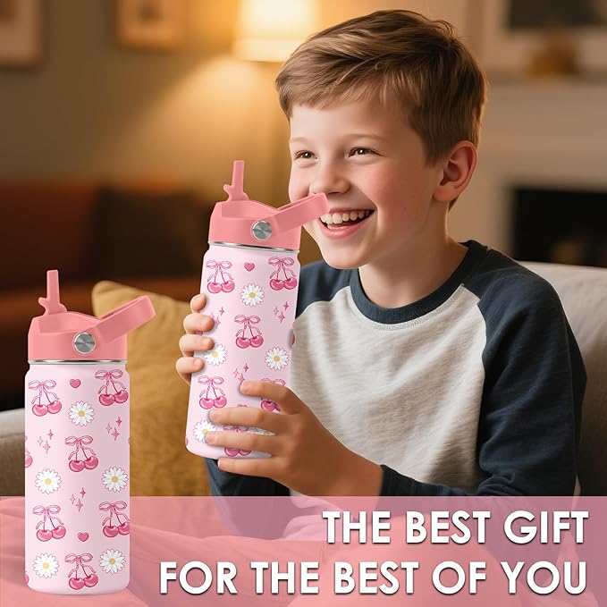 Cherry Gifts for Kids - 16oz Pink Kids Water Bottle with Straw Lid, Stainless Steel Insulated Tumbler, Leakproof, BPA-Free, for Girls, School, Travel - Cherry Lovers Children Birthday Gift Cup (1pc)