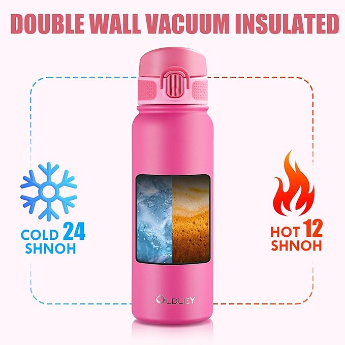 OLDLEY 20 Oz Insulated Stainless Steel Water Bottle For Kids, With Straws Leak-proof, Kids Water Bottles For School Boys Girls,Pink