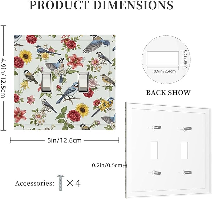 Vintage Birds & Blooms Double Toggle Switch Cover - 2-Gang Standard US Size English Countryside Chintz Light Switch Covers, Botanical Floral & Songbird for Bedroom Decor